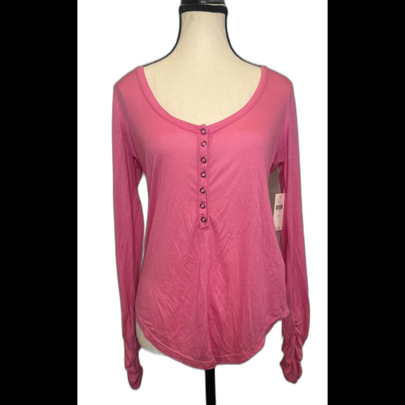 Anthropologie Pilcro PINK Long Ruched Sleeve Snap Front Modal V Neck Top-S NWT - Picture 1 of 12
